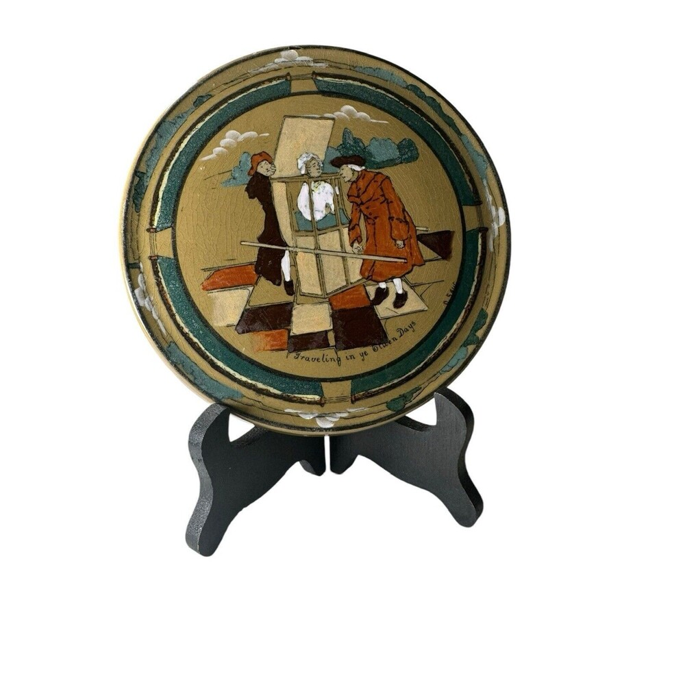 ANTIQUE 1908 BUFFALO POTTERY DELDARE WARE TRAVELING IN YE OLDEN DAYS TRIVET TILE